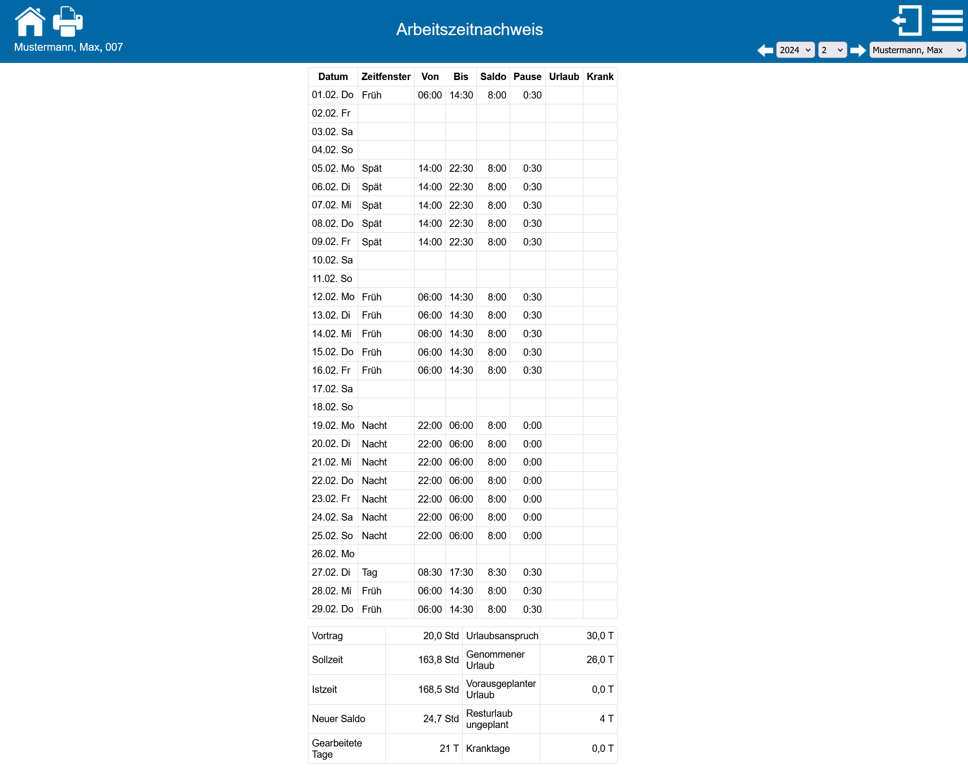AZN Online Arbeitszeitnachweis