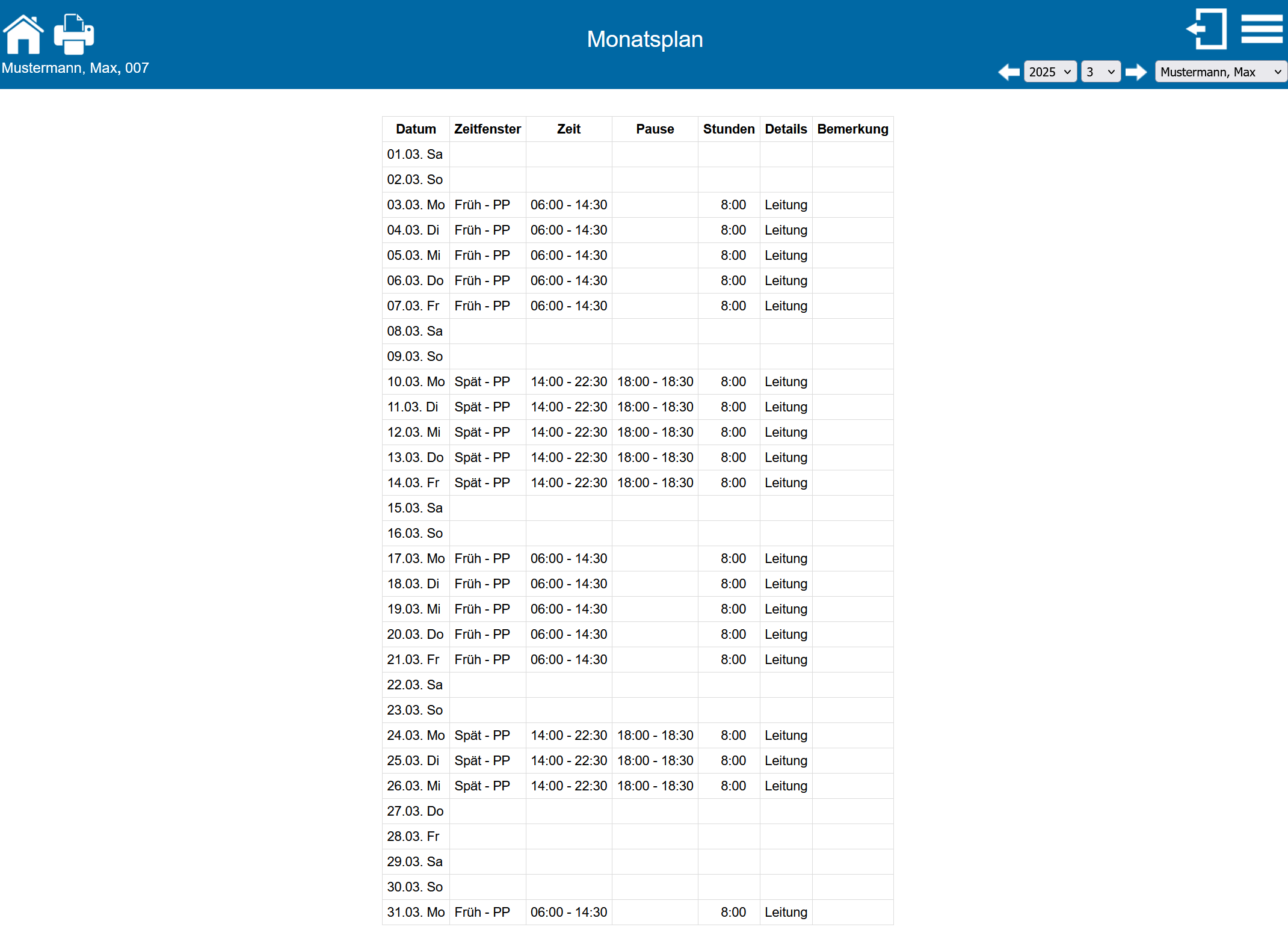 Dienstplan Monatsplan