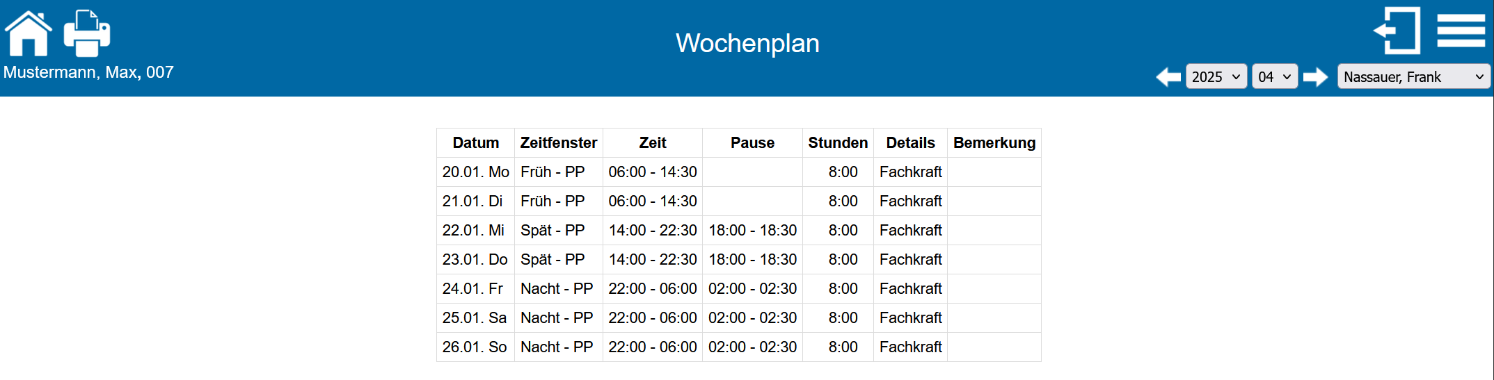 Dienstplan Wochenplan